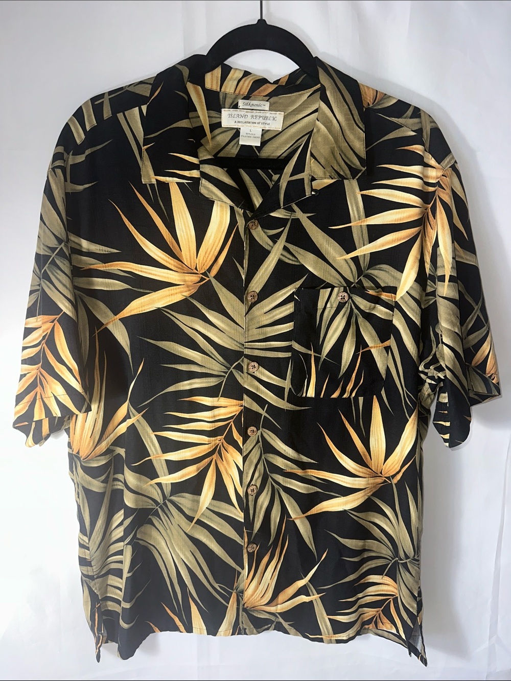 Island Republic 95% Silk Hawaiian Shirt Men’s Large Tropical Palm Leaf Black